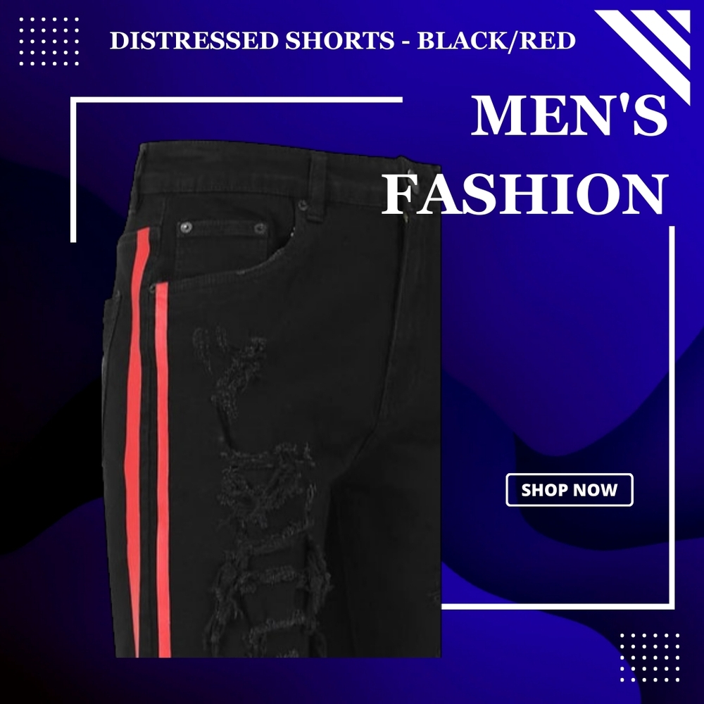 Distressed Shorts - BLACK / RED STRIPES
